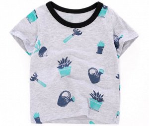 Детская футболка, принт "Лейки, грабельки, цветы в горшке", цвет серый