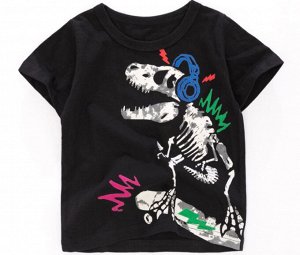 Детская футболка, принт "Скелет динозавра на скейте" цвет черный