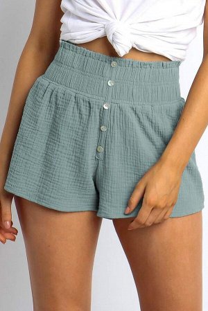 Серо-голубая короткая юбка-шорты с широким поясом-резинкой и на пуговицах