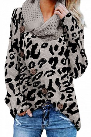 Серый леопардовый вязаный свитер с воротником-хомут