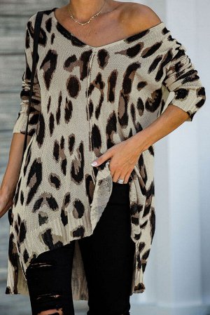 Серый свитер-туника с V-образным вырезом и леопардовым принтом