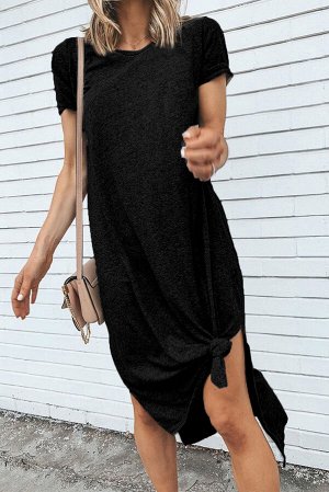 Черное повседневное платье-футболка с коротким рукавом и высокими боковыми разрезами
