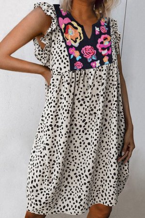 Повседневное белое леопардовое платье с цветочными принтом и оборками