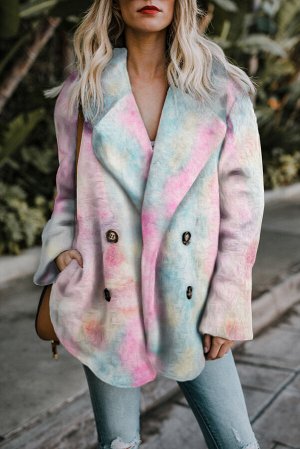 Розово-голубое флисовое открытое пальто с красочным принтом и отложным воротником