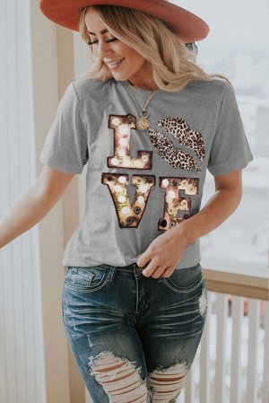 Серая футболка с леопардовой надписью: Love