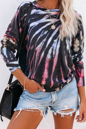 Черный свитшот-пуловер с открытым плечом и разноцветным красочным принтом