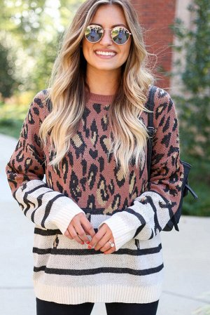 Черно-белый полосатый свитер оверсайз с коричневым леопардовым принтом