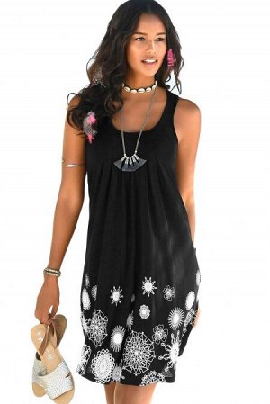 Черное пляжное платье-сарафан с узором из стилизованных белых цветов