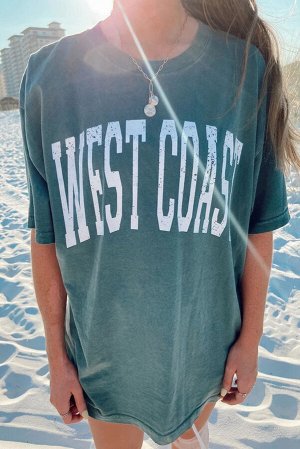 Зеленая футболка оверсайз с надписью: WEST COAST