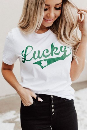Белая футболка с зеленой надписью: Lucky