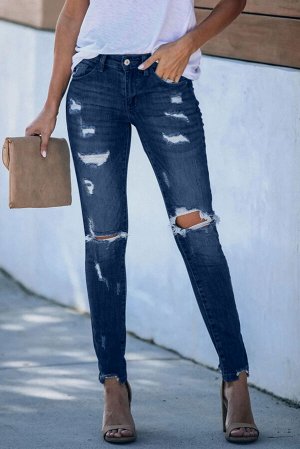 Синие джинсы-скинни с потертостями и разрезами