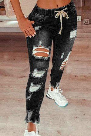 Черные рваные джинсы со средней посадкой и эластичной резинкой на поясе
