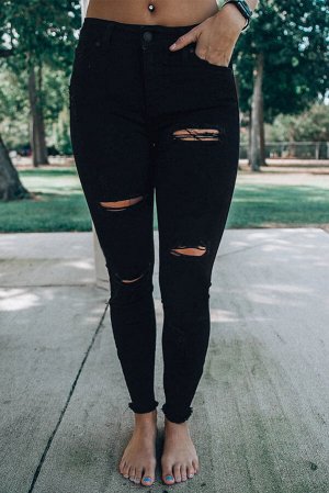 Черные облегающие джинсы с высокой талией и разрезами