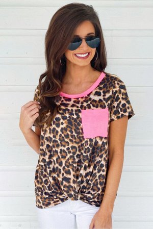 Леопардовая футболка с кармашком с неоново-розовыми вставками