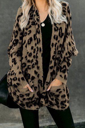 Открытый леопардовый шерстяной кардиган цвета хаки с карманами