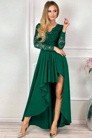 Зеленое асимметричное кружевное вечернее платье с V-образным вырезом и открытой спиной