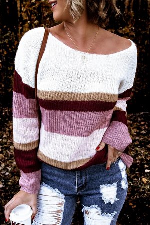 Белый свитер в сиренево-бордовую полоску в стиле пэчворк