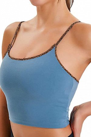 Blue Yoga Sexy Gathered Sports Bra with Leopard Trim