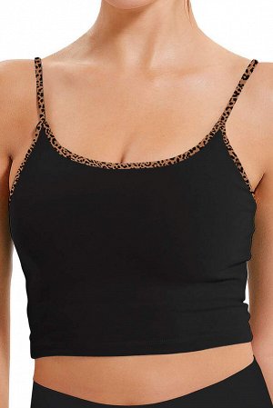 Black Yoga Sexy Gathered Sports Bra with Leopard Trim