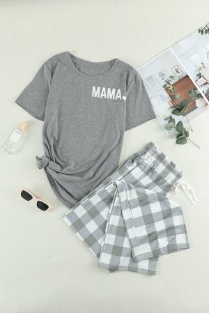Серый комплект для отдыха: футболка с надписью: MAMA + шорты в клетку