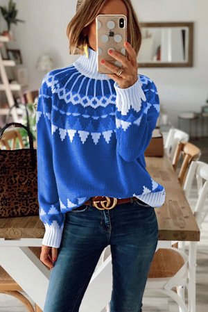 Синий вязаный свитер-водолазка с белым узором
