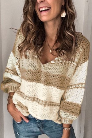 Бежевый полосатый вязаный пуловер-свитер с пышными рукавами и V-образным вырезом