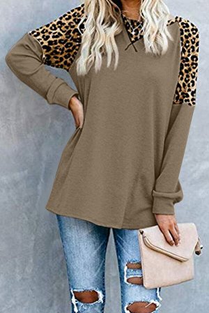 Коричневый пуловер-свитшот с рукавами реглан с леопардовыми вставками