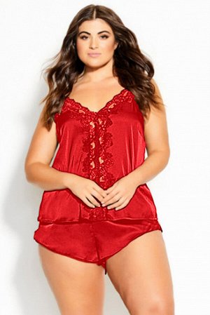Красный атласный пижамный комплект плюс сайз с кружевными вставками: топ + шорты