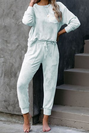 Небесно-голубой вязаный пижамный комплект: блуза + штаны