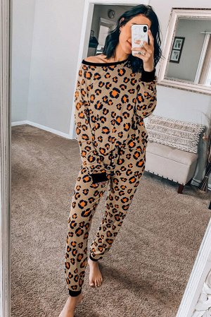 Коричневый пижамный комплект с леопардовым принтом: свитшот с открытым плечом + штаны