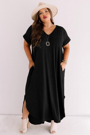 Черное;платье-футболка;плюс;сайз;с;;V-образным;вырезом;с;разрезами;по;бокам