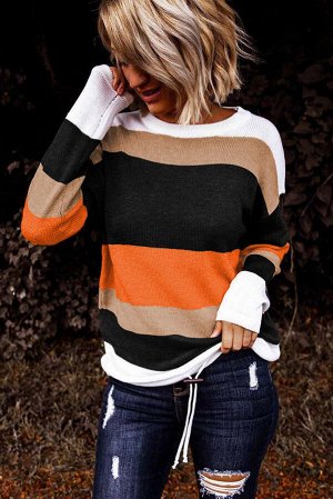Оранжевый вязаный свитер в разноцветную полоску