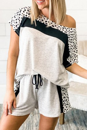 Серый пижамный комплект с леопардовыми вставками: футболка с открытым плечом + шорты