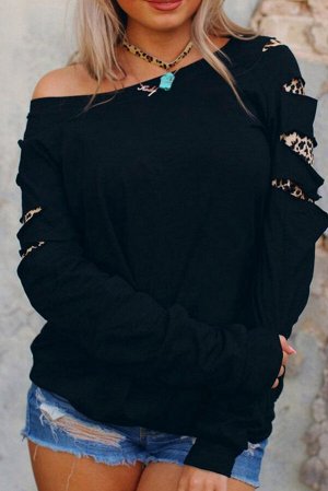 Женский свитер свитшот с разрезами и леопардовыми вставками