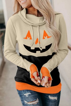 Бежево-черный свитшот-худи на Хэллоуин с оранжевыми вставками и принтом тыква