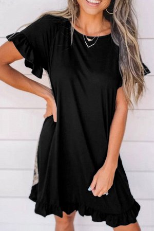 Черное платье-футболка с воланами и леопардовым принтом