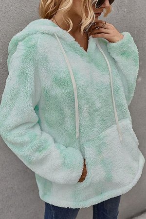 Светло-зеленый плюшевый пуловер-худи с V-образным вырезом