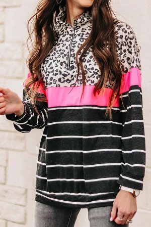 Черный полосатый пуловер-свитшот с леопардовым принтом и розовой полосой