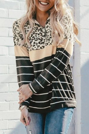 Черный полосатый пуловер-свитшот с леопардовым принтом и бежевой полосой