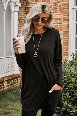 Черный длинный пуловер-свитшот с карманами