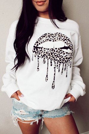 Белый пуловер-свитшот с принтом леопардовые губы