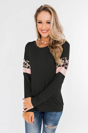 Черная блуза с длинными рукавами с леопардовыми вставками