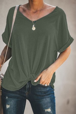Зеленая свободная блуза с короткими рукавами и узлом снизу