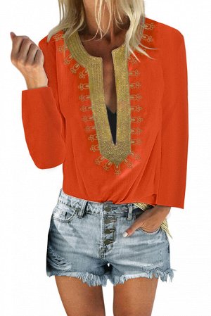 Оранжевая свободная блуза с глубоким фигурным вырезом с золотистой вышивкой