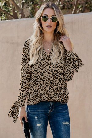 Коричневая блуза с леопардовым принтом с V-образным вырезом и рукавами на завязках
