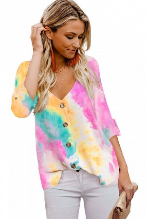 Разноцветная блузка с V-образным вырезом и пестрым красочным принтом с застежкой на пуговицы