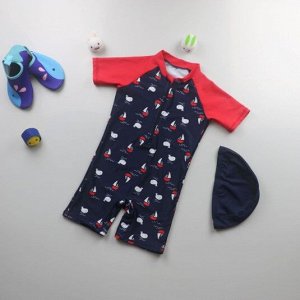 Детский комбинезон+головной убор, принт "парусники и киты", цвет красный/темно-синий