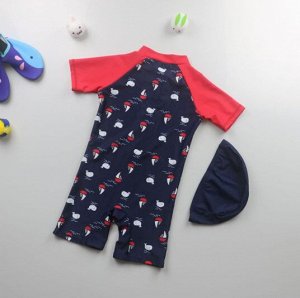 Детский комбинезон+головной убор, принт "парусники и киты", цвет красный/темно-синий