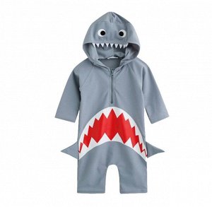 Детский комбинезон с капюшоном, принт "акула", цвет серый