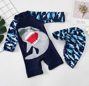 Детский комбинезон+головной убор, принт "акулы", цвет темно-синий